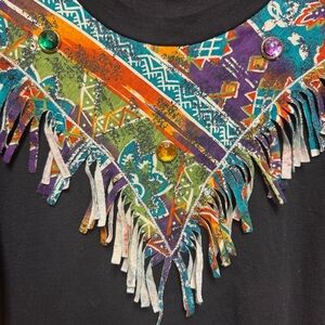 Vintage Made By Flirt Black Cotton T-Shirt with Colorful Fringed Appliqué